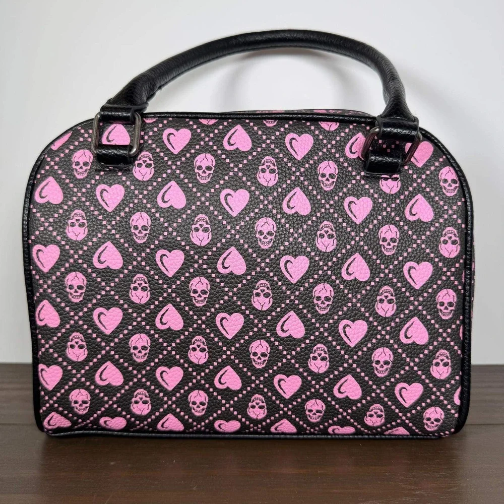 Ed Hardy Satchel Handbag Black Pink Skull Hearts Rhinestone Vegan Leather Purse